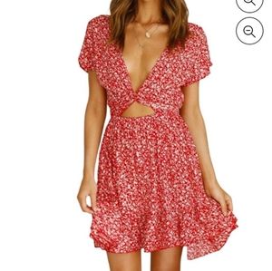 RED FLORAL FRON TIE RUFFLE MINI DRESS